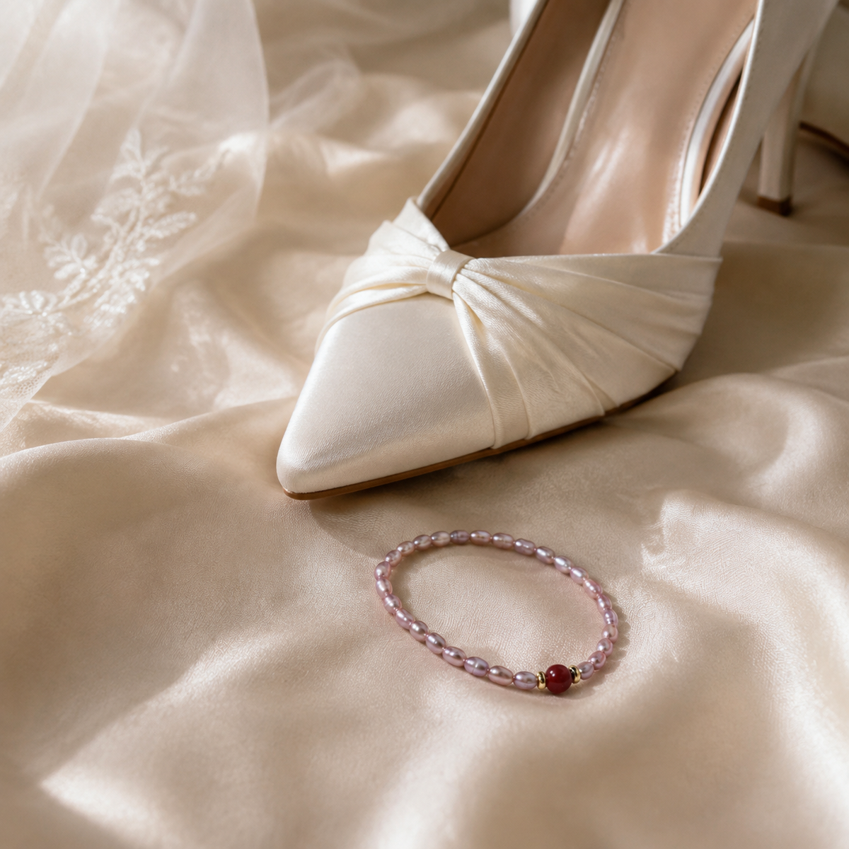 Pink freshwater pearl bracelet with a red center stone styled beside bridal shoes