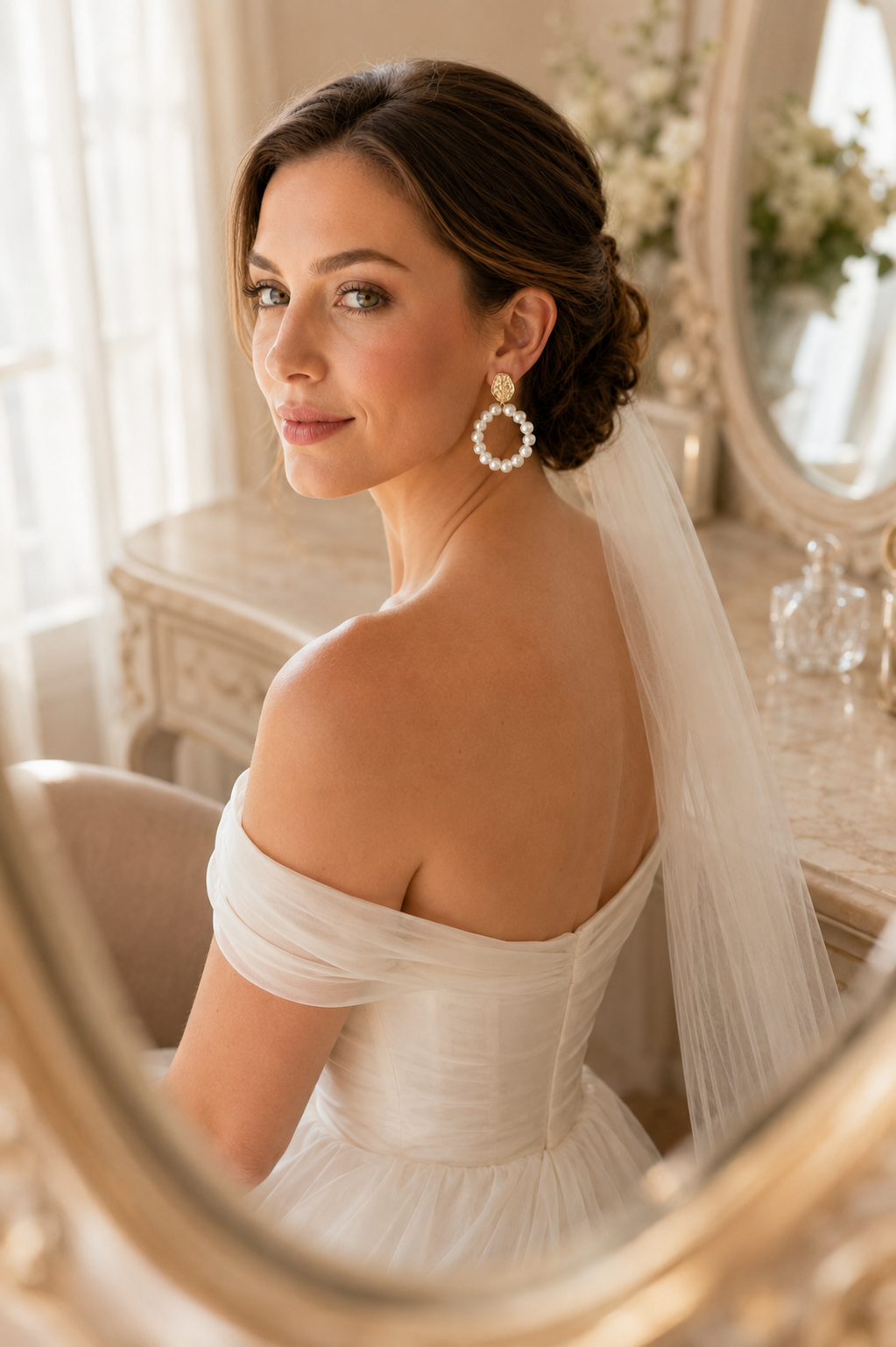 Bride wearing large circular freshwater pearl earrings in an elegant wedding setting