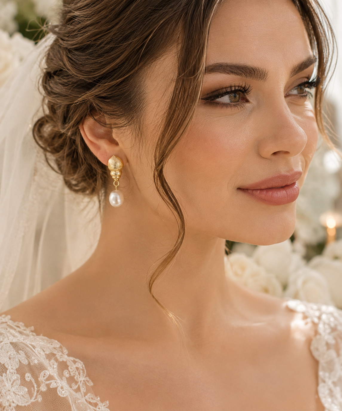 Bride wearing coastal-inspired textured earrings with white freshwater pearls
