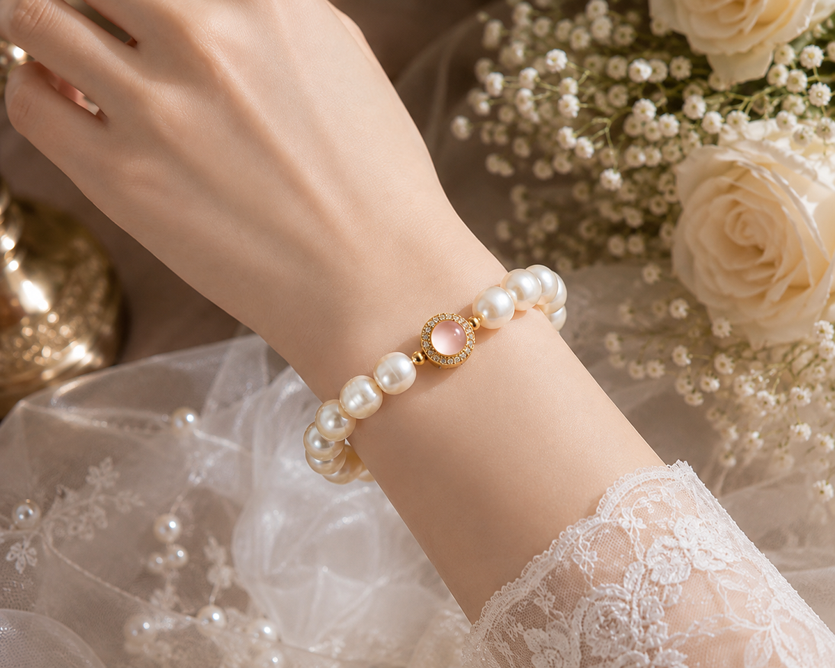 Freshwater pearl bracelet with a pink halo centerpiece worn on a woman’s wrist
