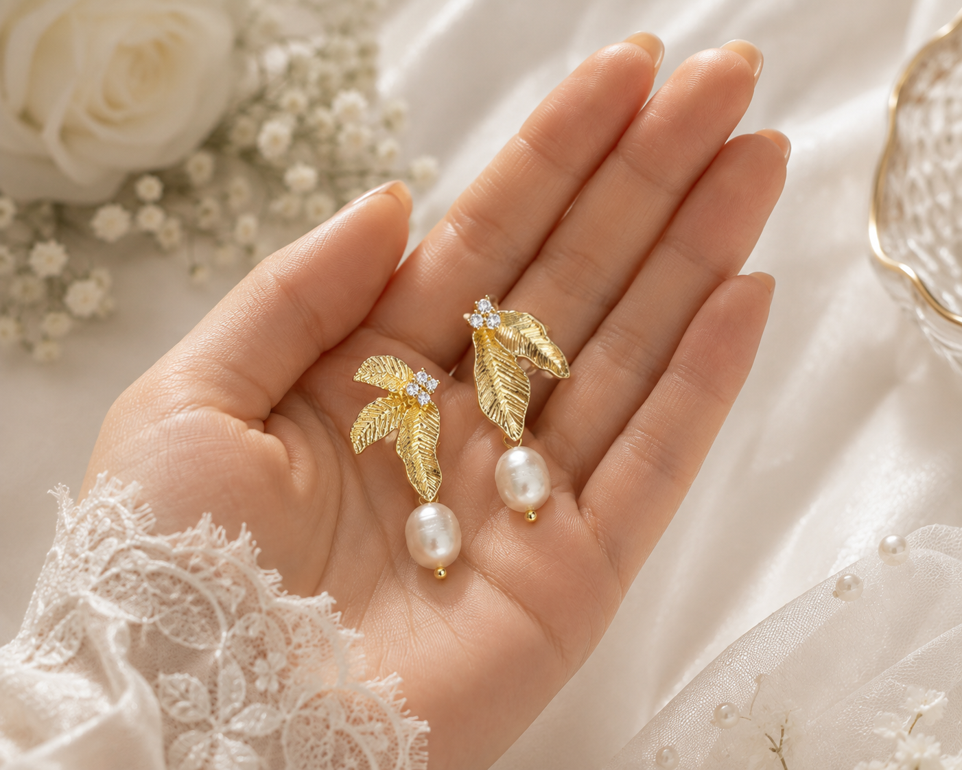 Pair of gold leaf freshwater pearl earrings displayed in hand