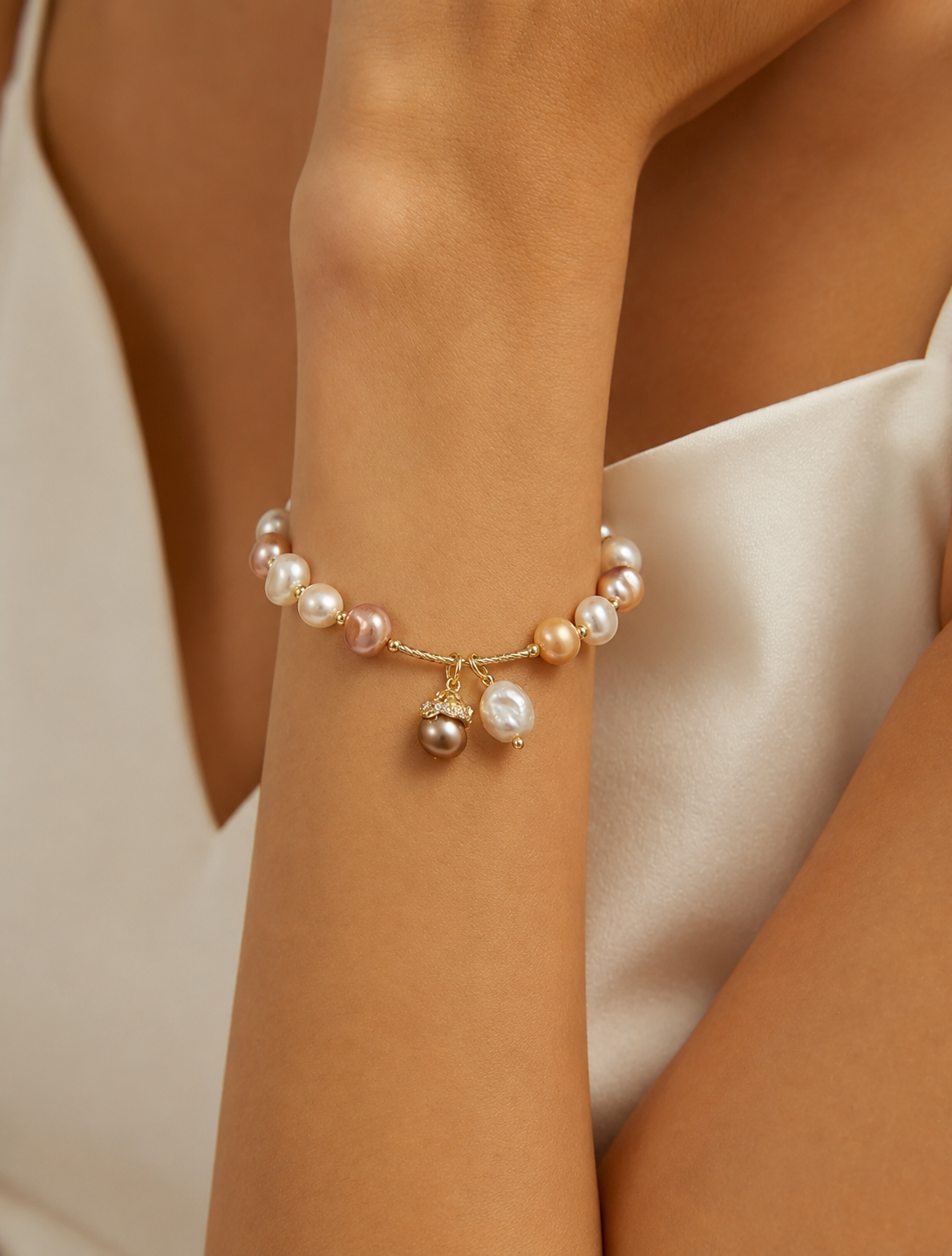 Multicolor freshwater pearl charm bracelet styled with a bridal dress