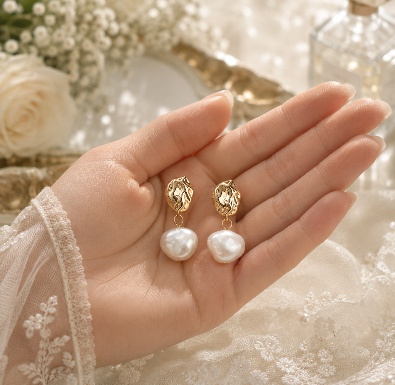 Large baroque pearl drop earrings displayed in hand for size reference