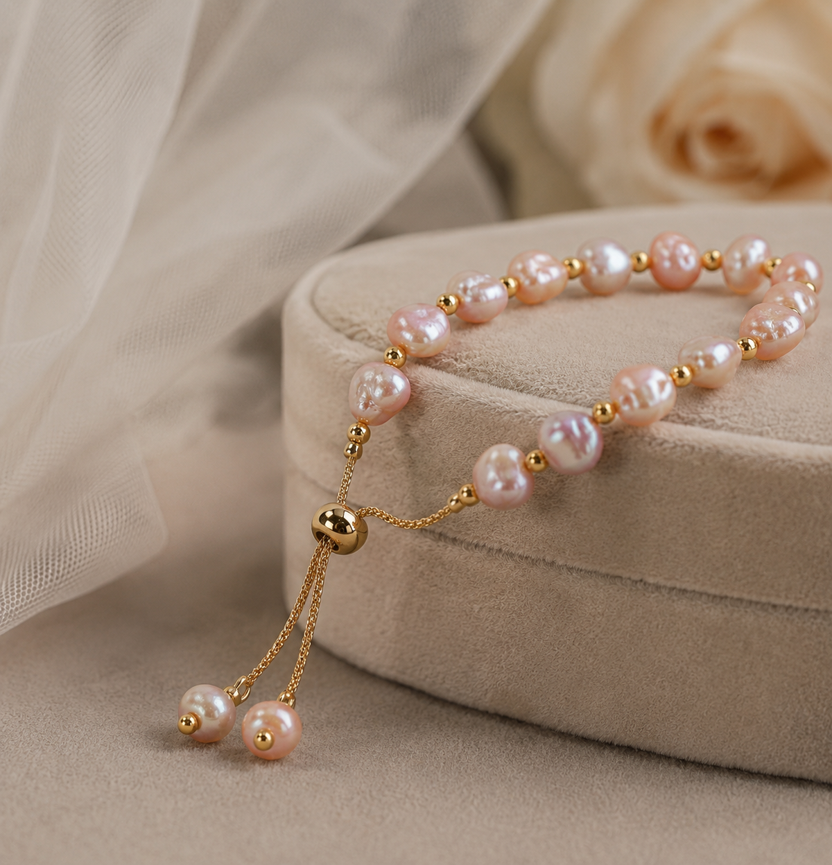 Close-up of a pink baroque freshwater pearl bracelet with a gold-tone sliding closure and pearl drops