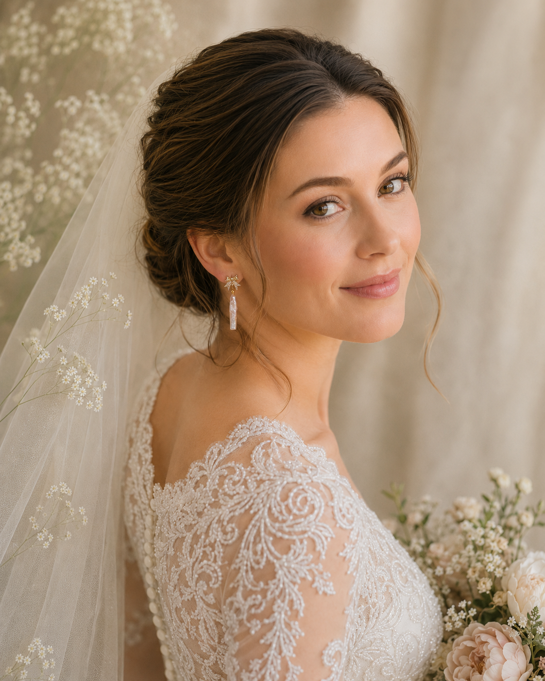 Bride holding a floral bouquet while wearing gold crystal bow and pink pearl earrings