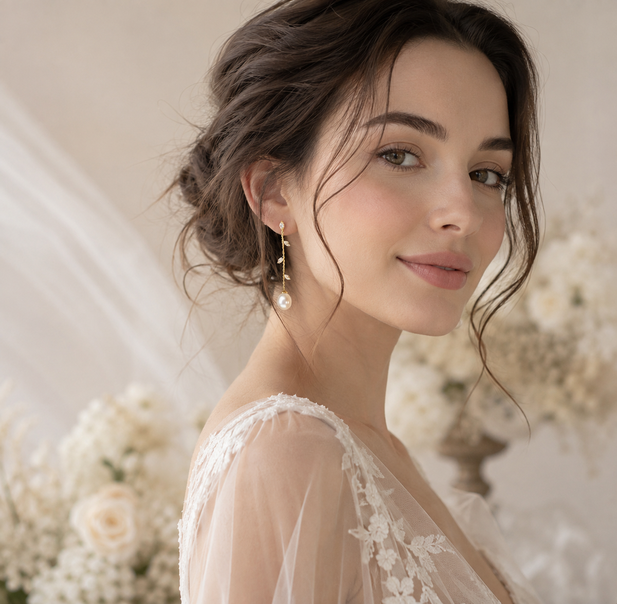 Romantic bridal portrait featuring crystal vine and white freshwater pearl dangle earrings