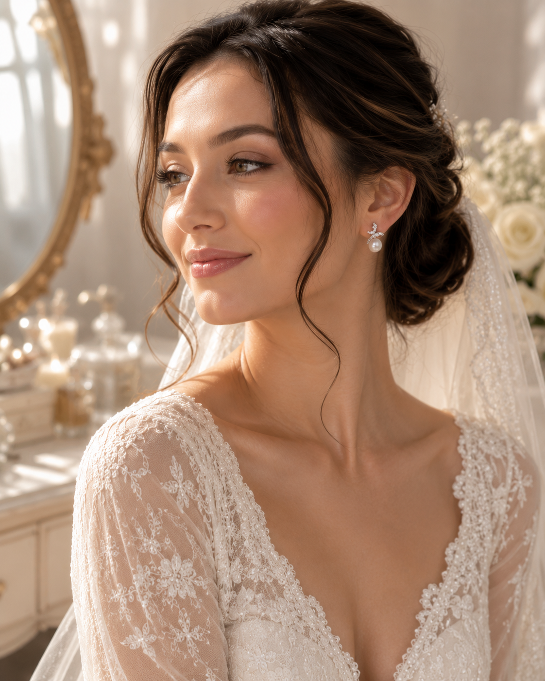 Bridal portrait styled with sculptural silver-tone crystal and freshwater pearl stud earrings