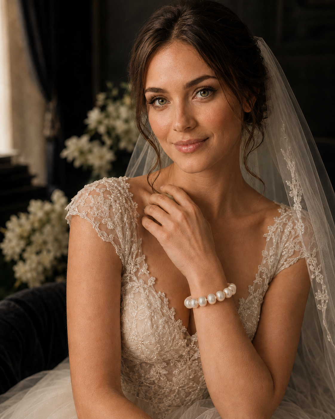 Bridal portrait featuring an elegant bracelet made with 10–11 mm freshwater pearls