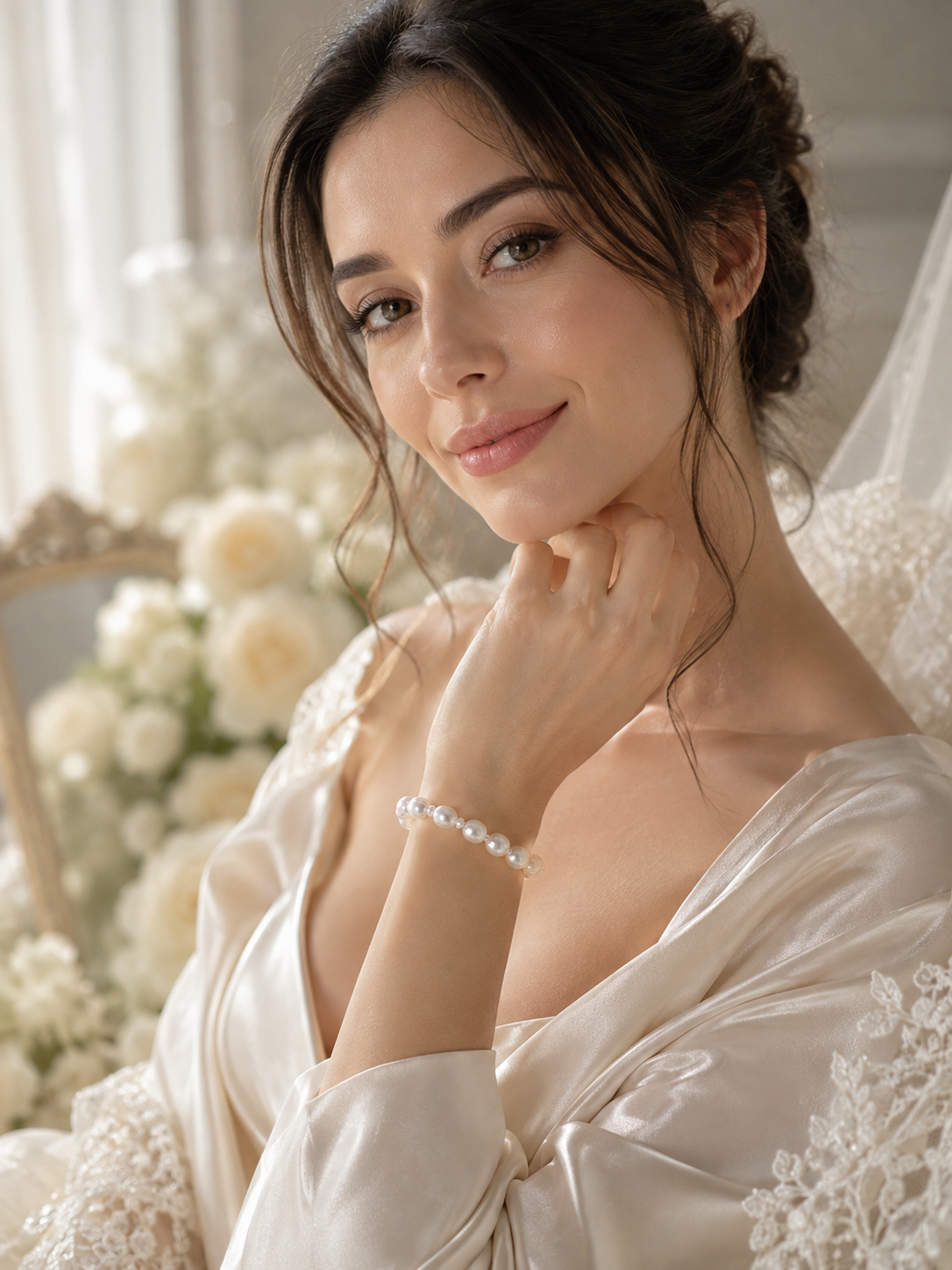 Bride wearing an elegant white pearl bracelet with her wedding outfit