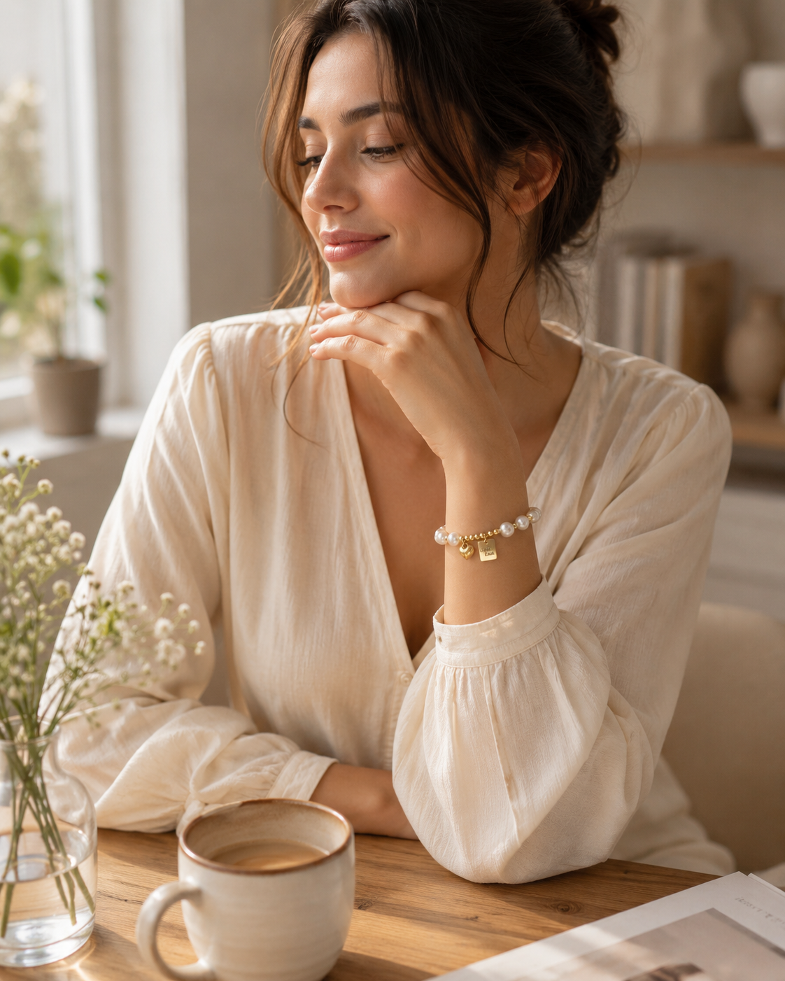 White pearl bracelet with gold-tone heart and Good Luck charms styled for everyday wear