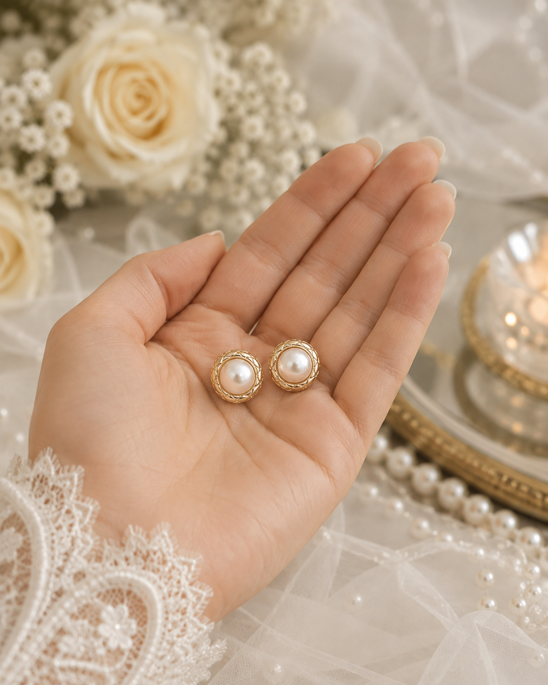 Woven gold-tone pearl stud earrings displayed in hand for size reference