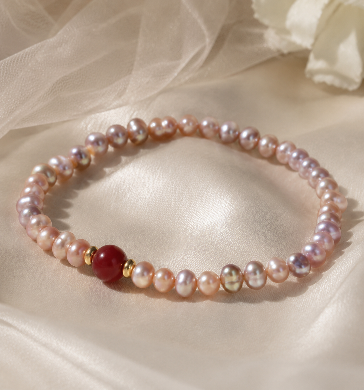 Genuine pink freshwater pearl bracelet featuring approximately 4 to 5 mm pearls