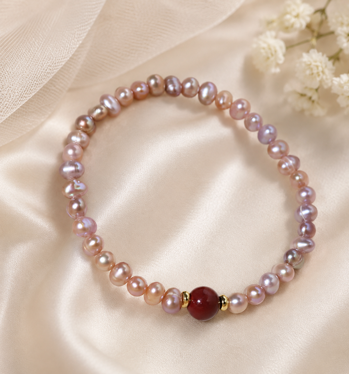 4 to 5 mm pink freshwater pearl bracelet with a red center stone and gold tone spacers
