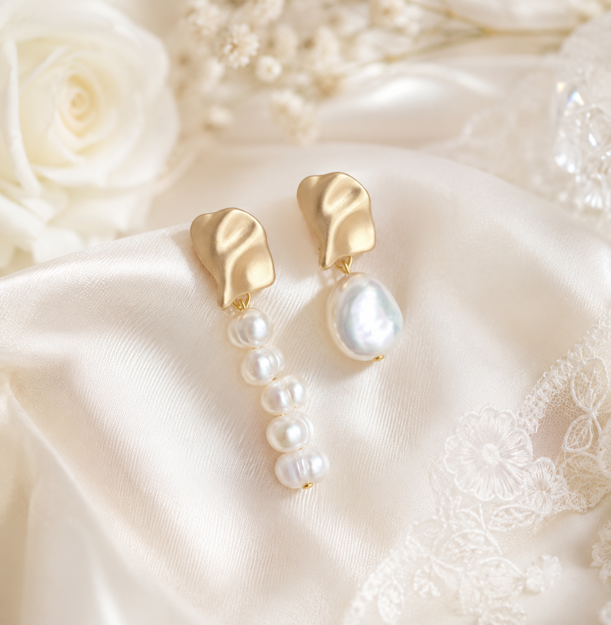 Asymmetrical earrings featuring five small freshwater pearls and one large baroque pearl