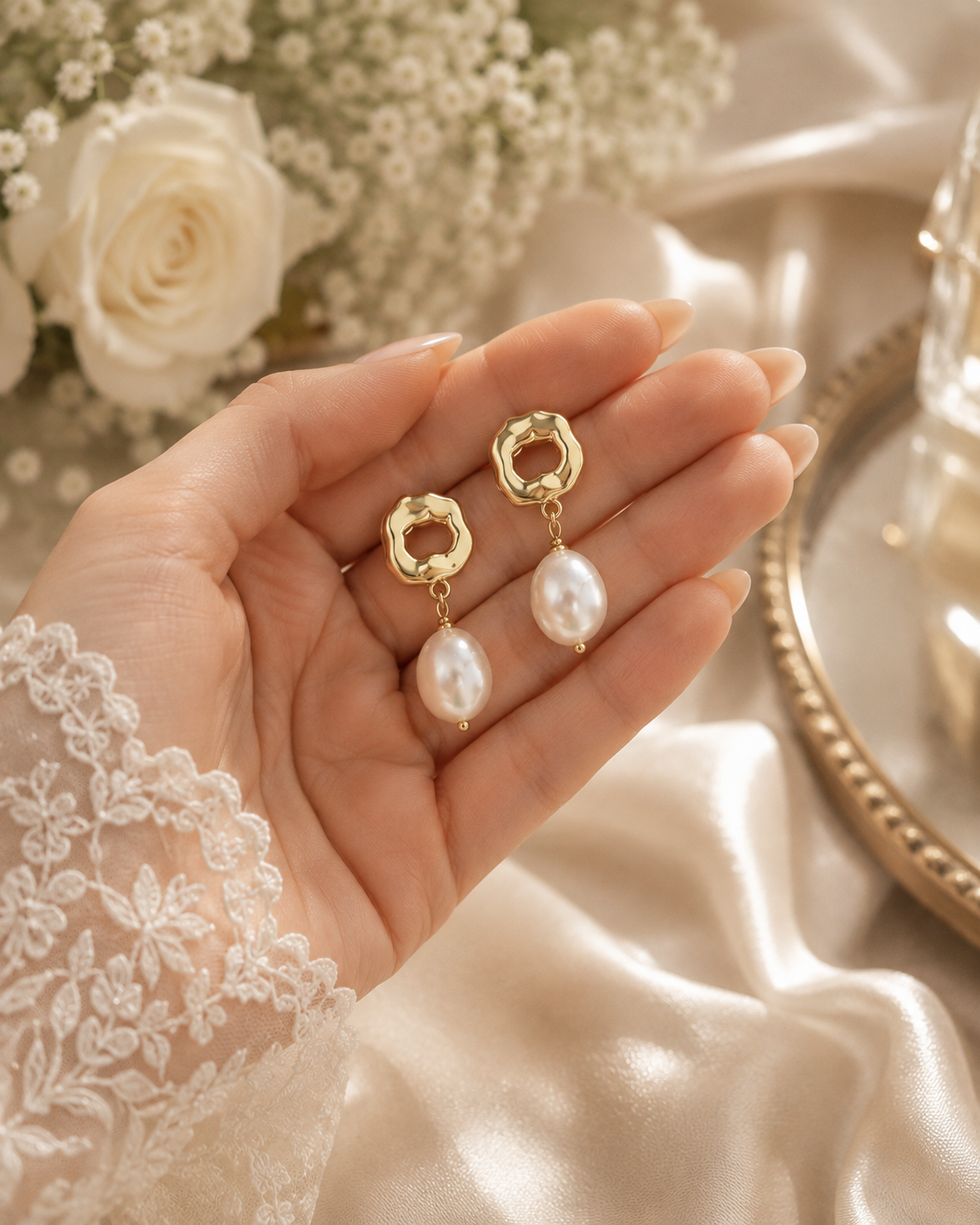 Pair of gold-tone dangle earrings with white baroque freshwater pearls displayed in hand