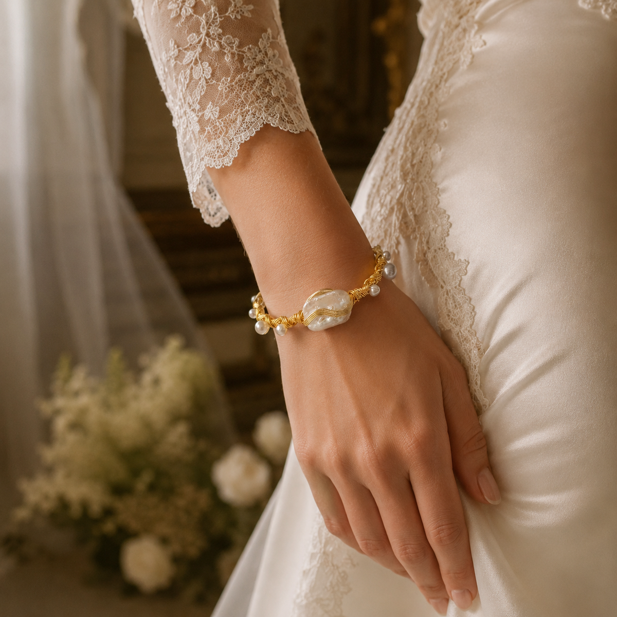 White baroque freshwater pearl cuff bracelet with gold-tone wire and small pearl accents worn by a bride