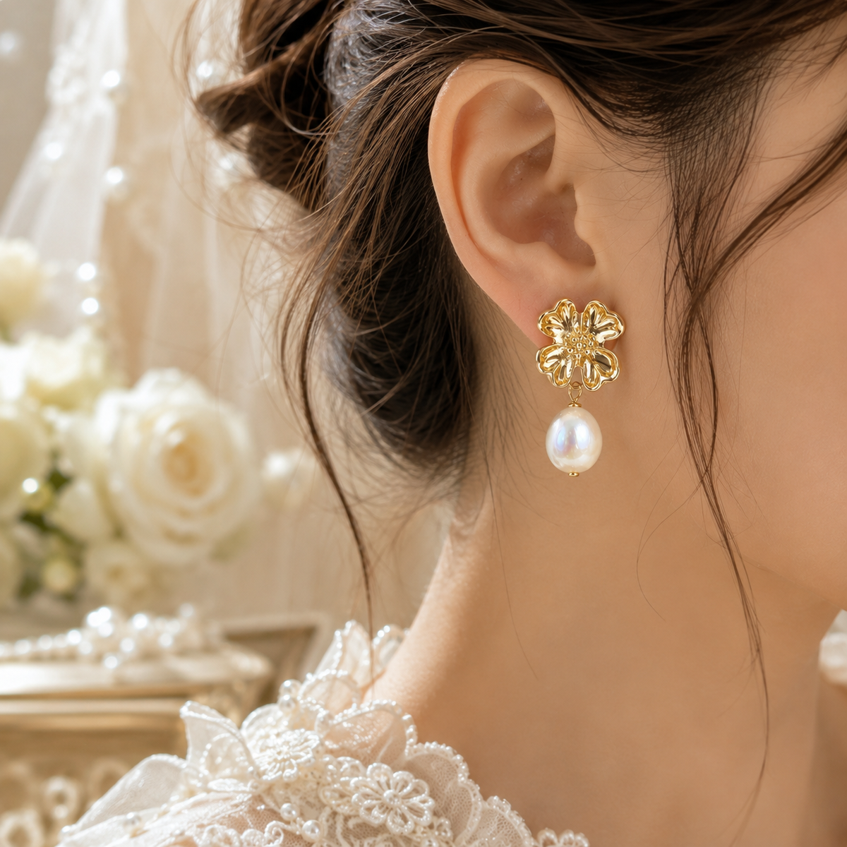 Close-up of a sculptural gold blossom earring with a white baroque pearl
