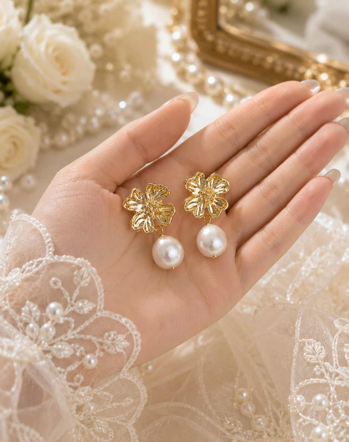 Pair of gold blossom earrings with white baroque freshwater pearls displayed in hand