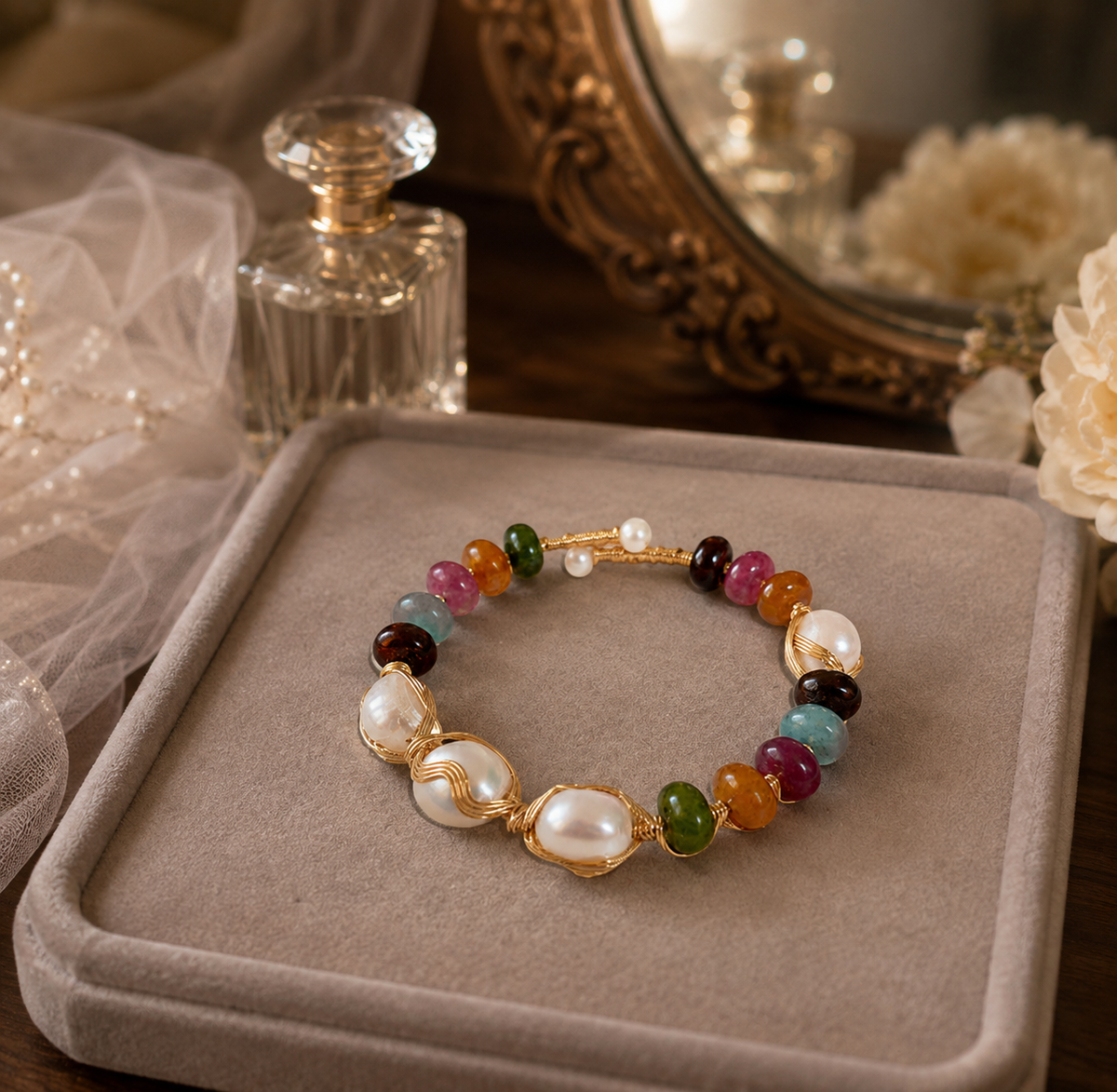 White baroque freshwater pearl bracelet with colorful beads displayed beside bridal accessories