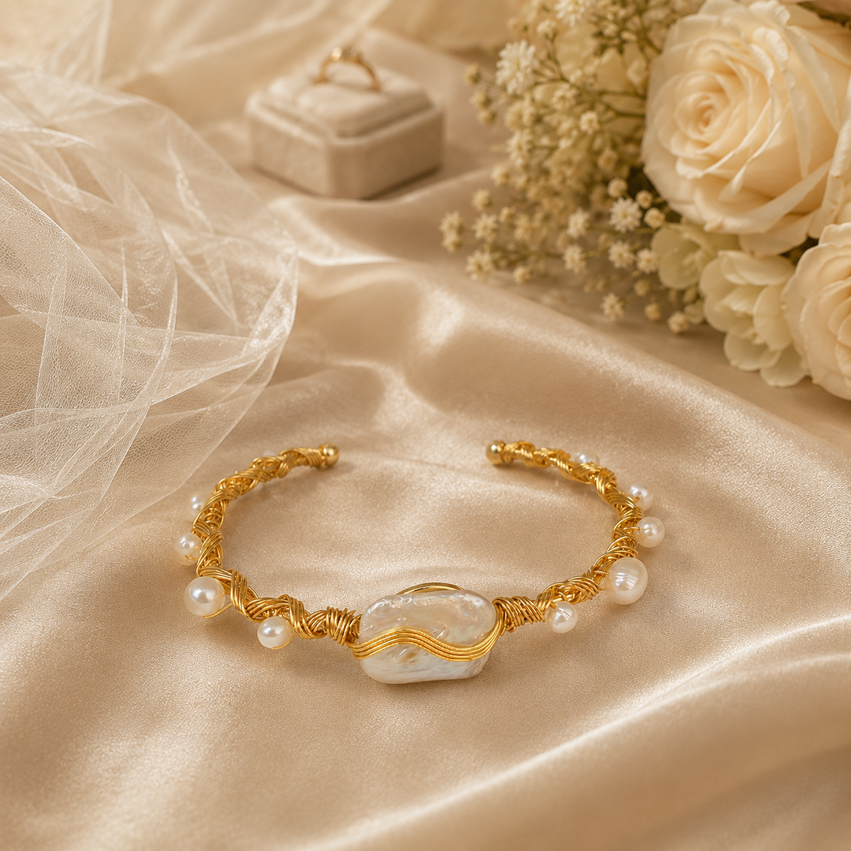 Gold-tone wire wrapped baroque freshwater pearl cuff bracelet displayed with bridal flowers and fabric