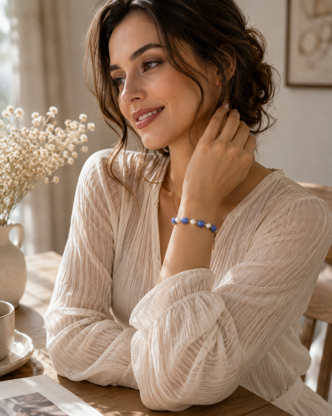 Woman wearing a blue stone and white pearl bracelet with a casual outfit