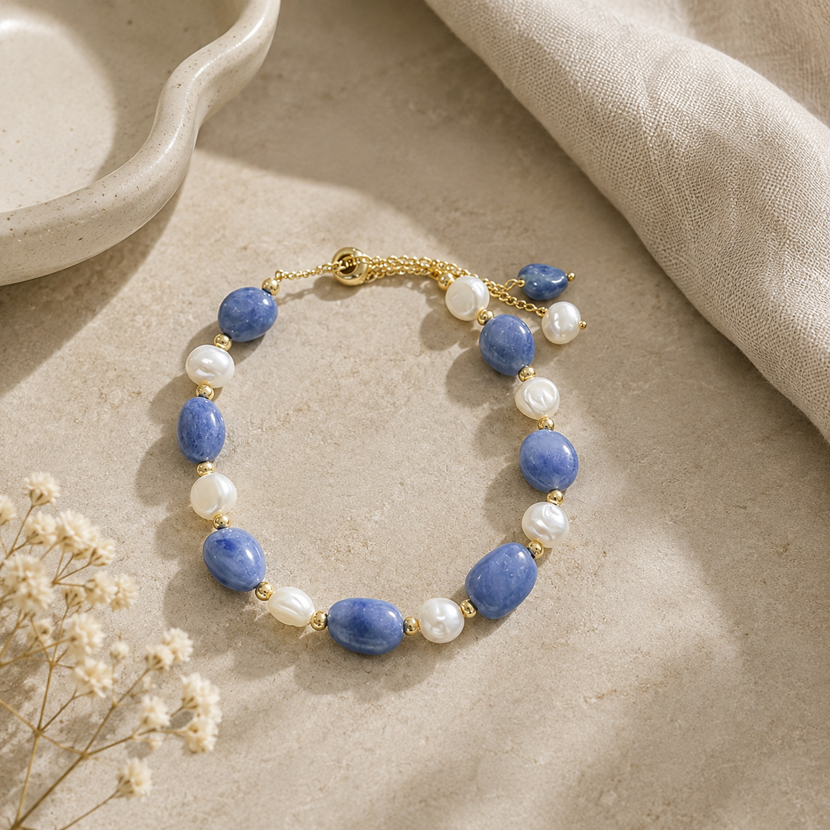Blue and white beaded bracelet with gold-tone spacers and dangling bead charms