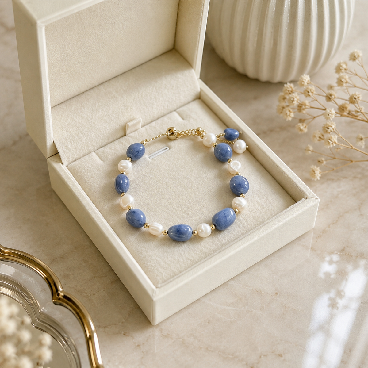 Blue stone and white pearl bracelet displayed inside a cream jewelry box