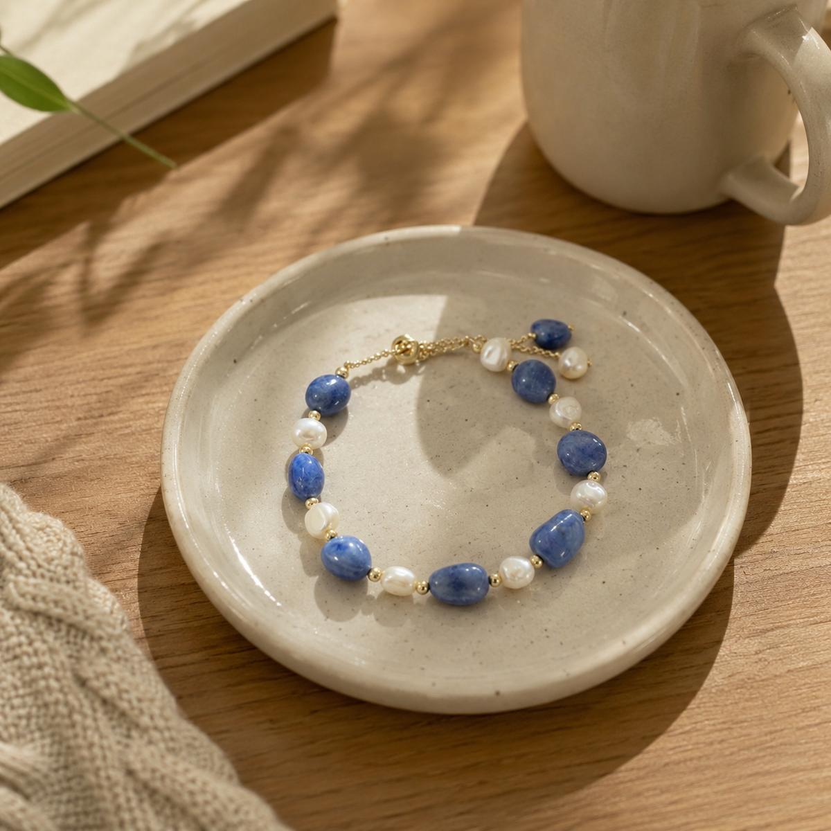 Blue stone and white pearl beaded bracelet with gold-tone details