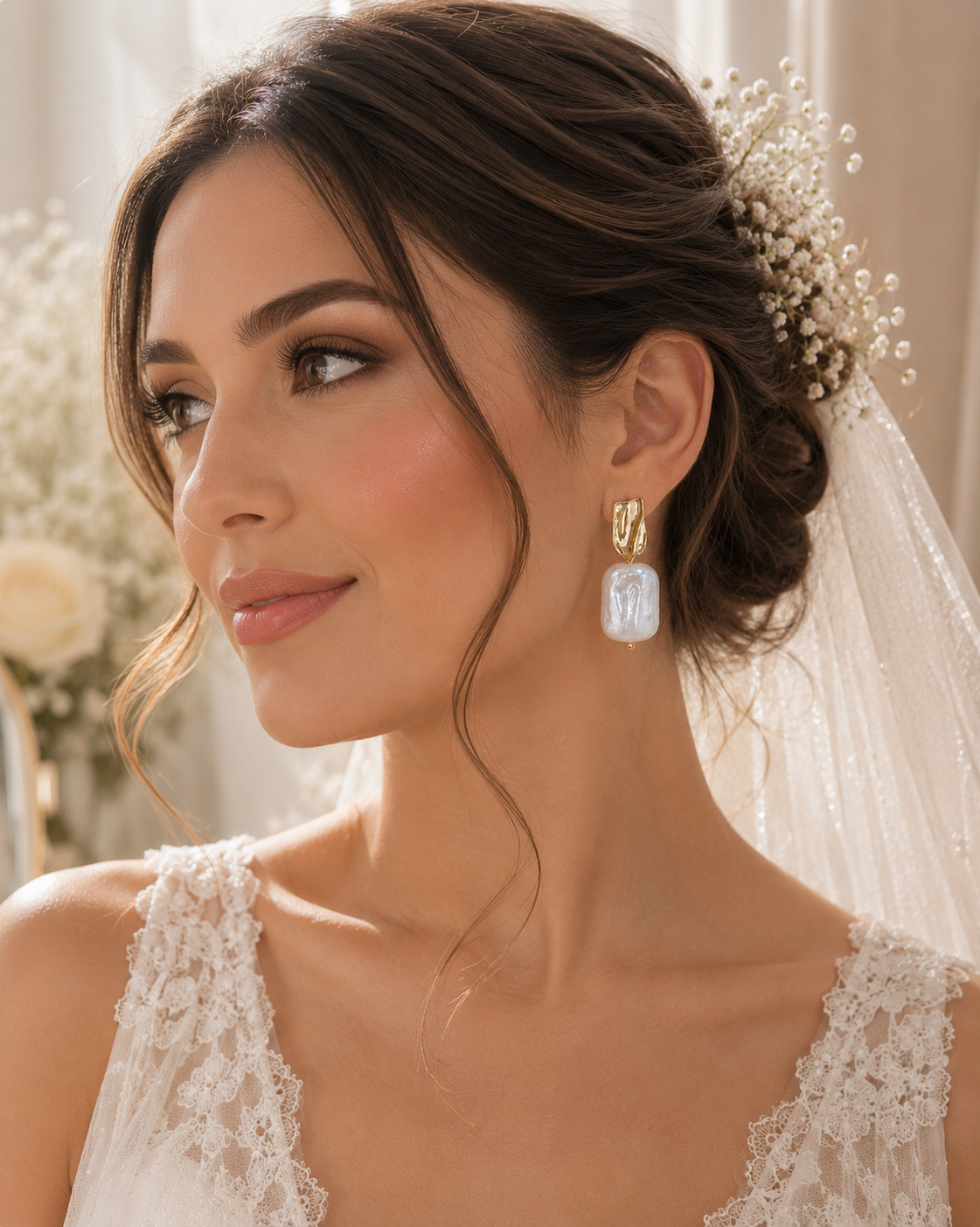 Bride wearing bold rectangular freshwater pearl earrings with reflective gold-tone tops