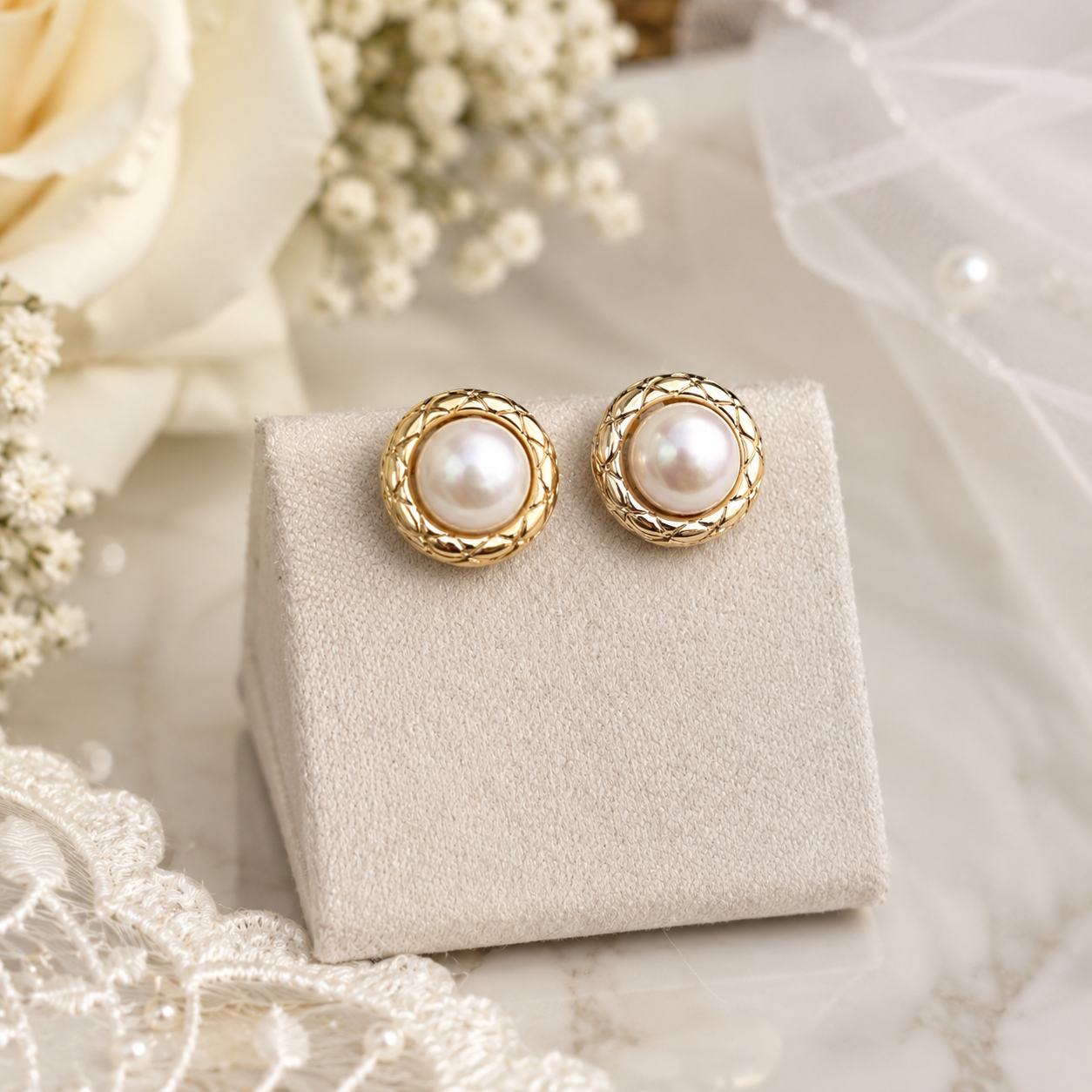 Round white freshwater pearl studs surrounded by braided gold-tone frames