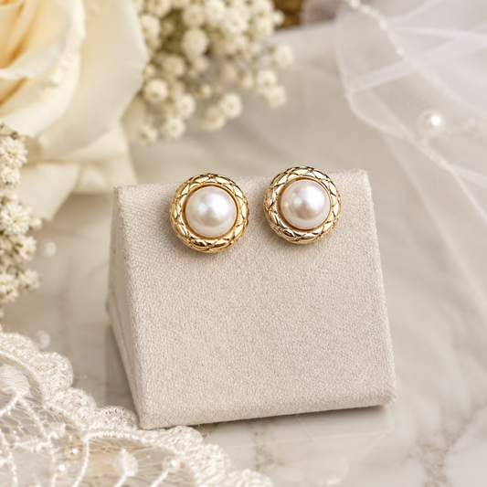 Round white freshwater pearl studs surrounded by braided gold-tone frames