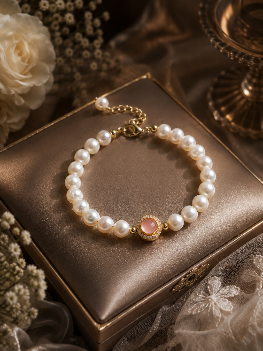 Bridal freshwater pearl bracelet with a pink halo centerpiece and adjustable gold-tone lobster clasp