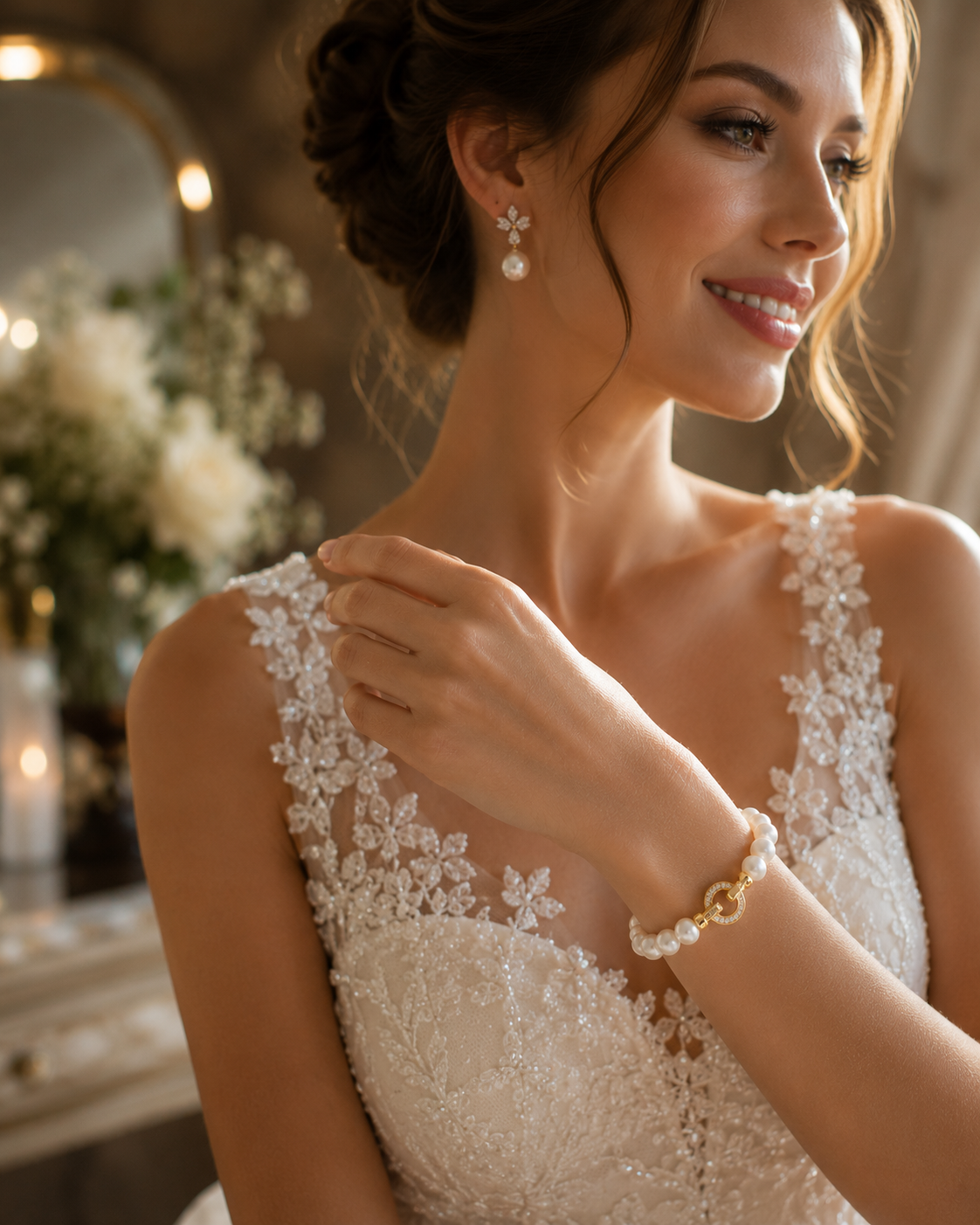 Bride wearing a white freshwater pearl bracelet with a decorative gold-tone toggle clasp