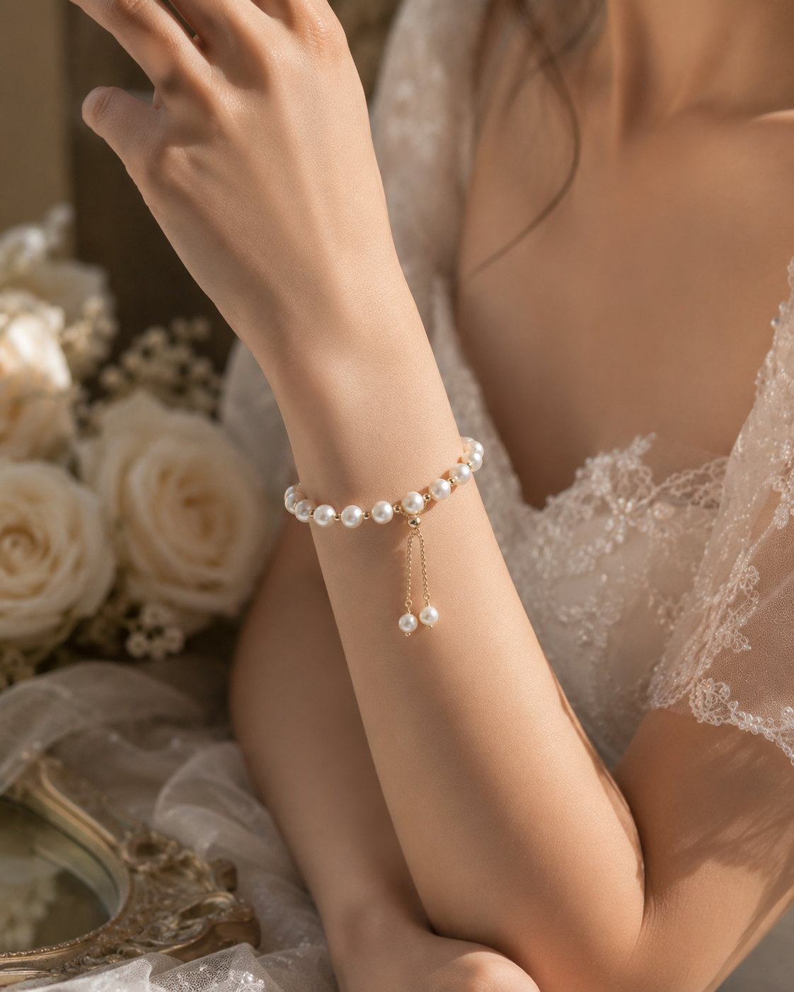 Bride wearing a white freshwater pearl slider bracelet with gold-tone details