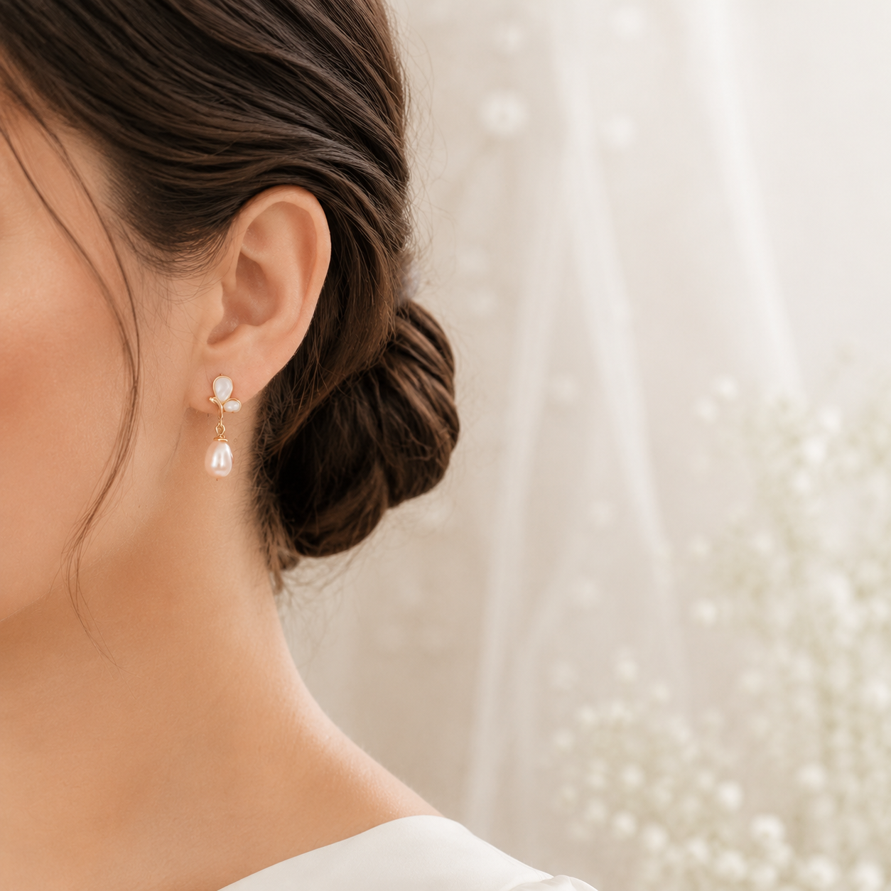 Side view of a bride wearing peach pearl and white butterfly earrings