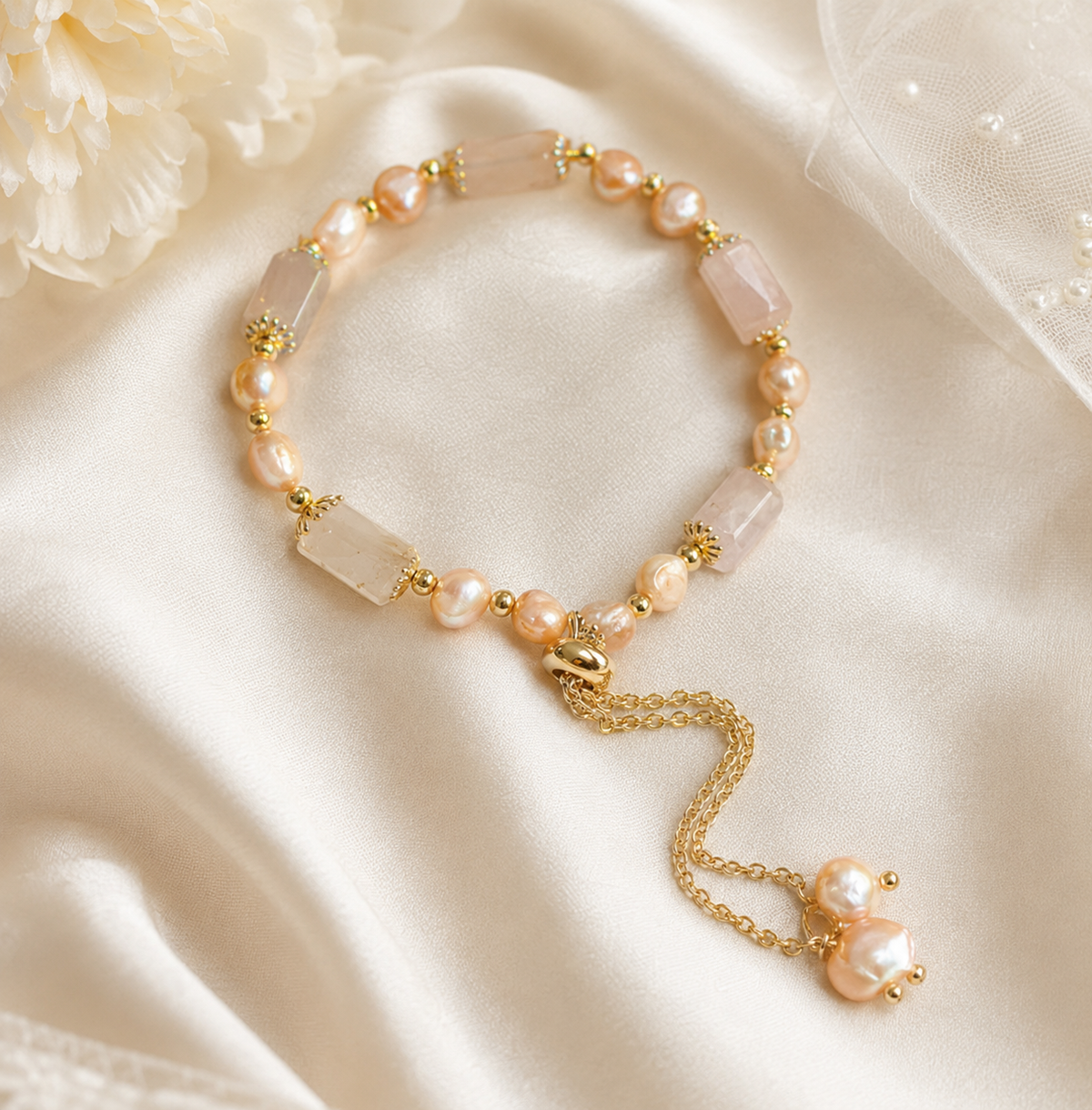 Champagne freshwater pearl bracelet with translucent blush beads and an adjustable gold-tone closure displayed on satin