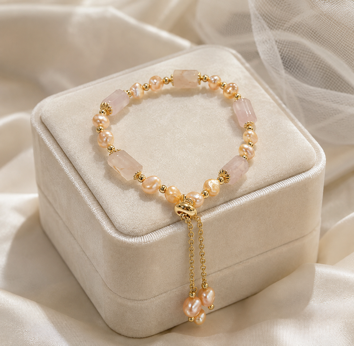 Champagne freshwater pearl bracelet with blush rectangular beads and dangling pearl drops displayed on a jewelry box