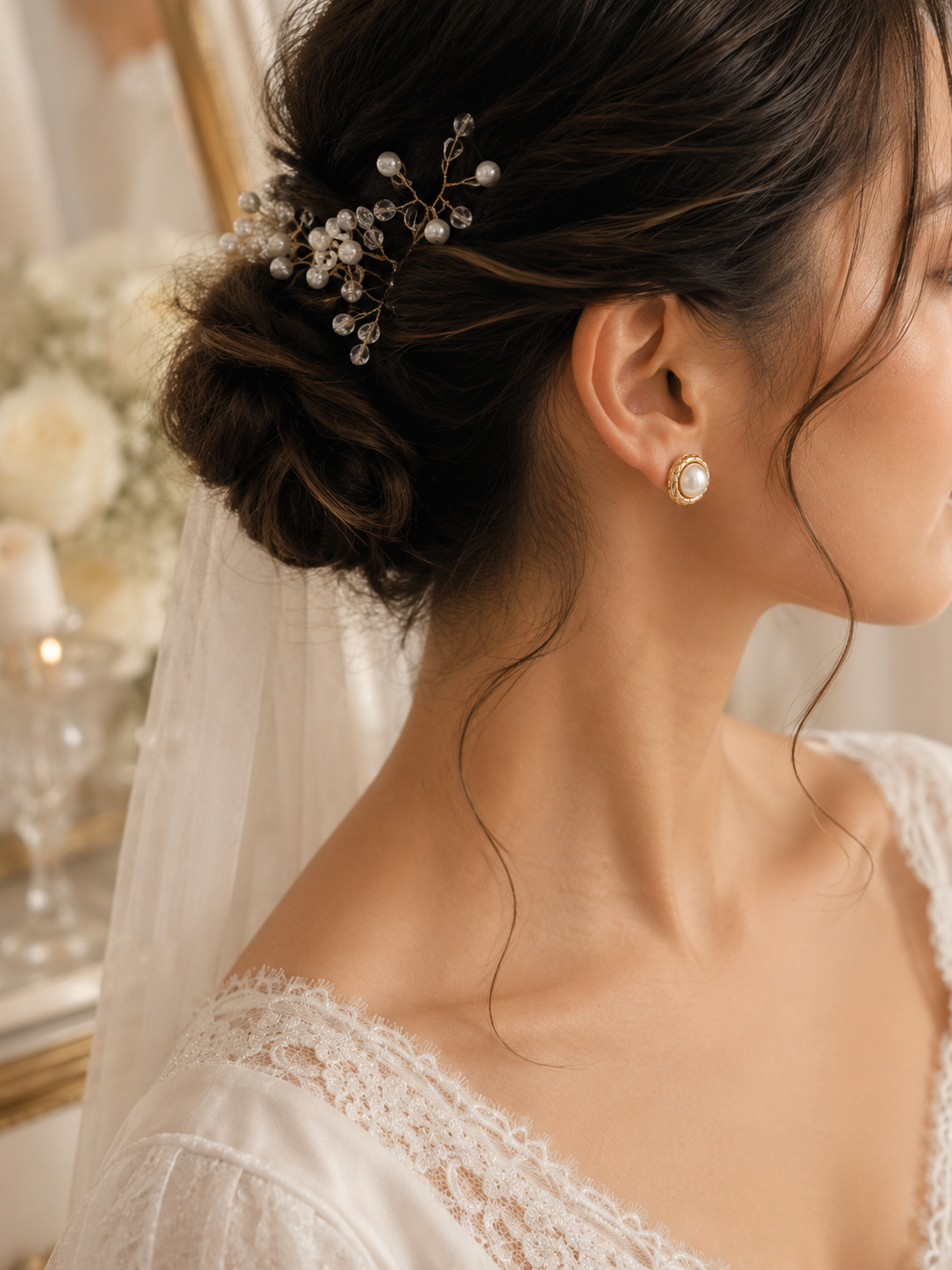 Bridal profile featuring classic framed pearl stud earrings