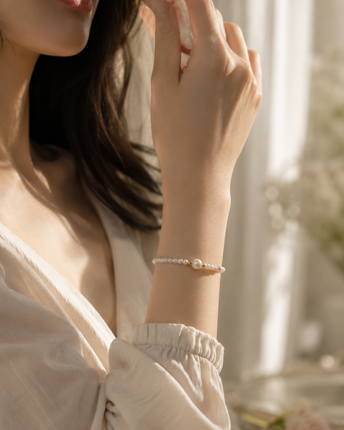 Woman wearing a dainty white pearl stretch bracelet with a casual white outfit