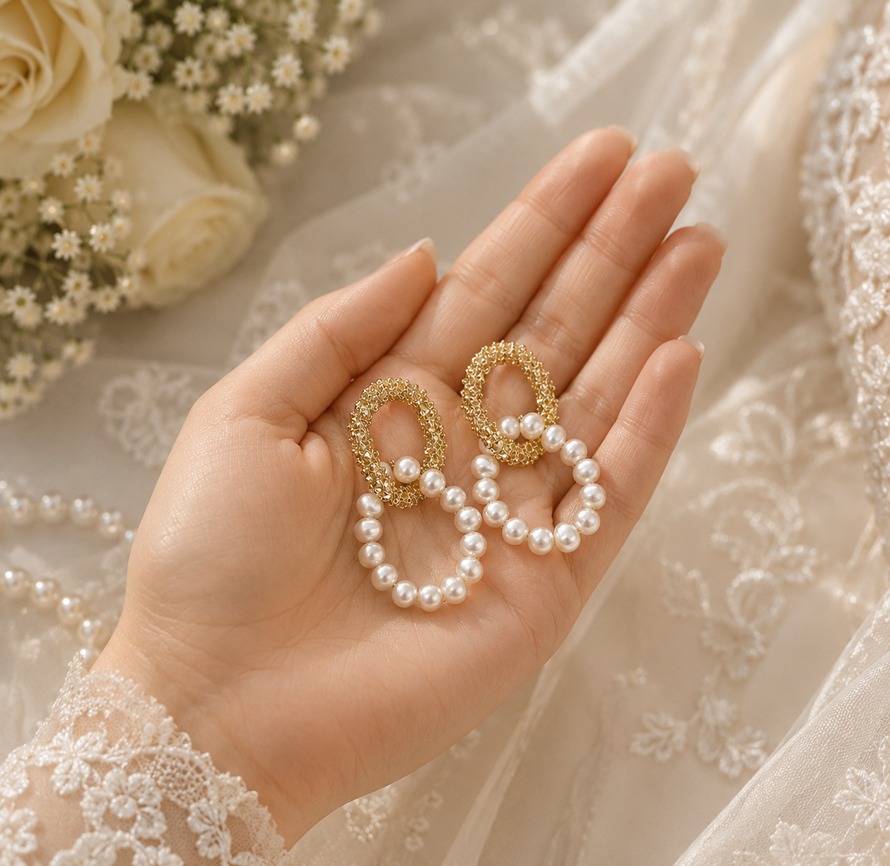 Double-oval freshwater pearl statement earrings displayed in hand for size reference
