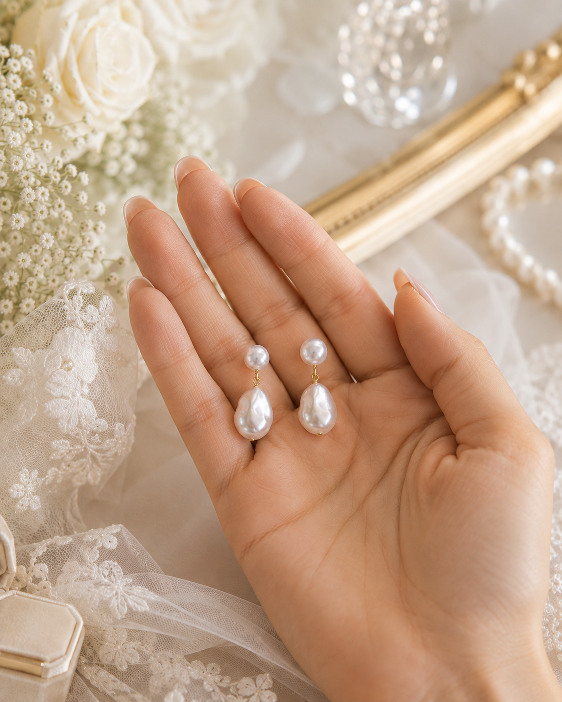 Round stud and baroque drop pearl earrings displayed in hand for size reference