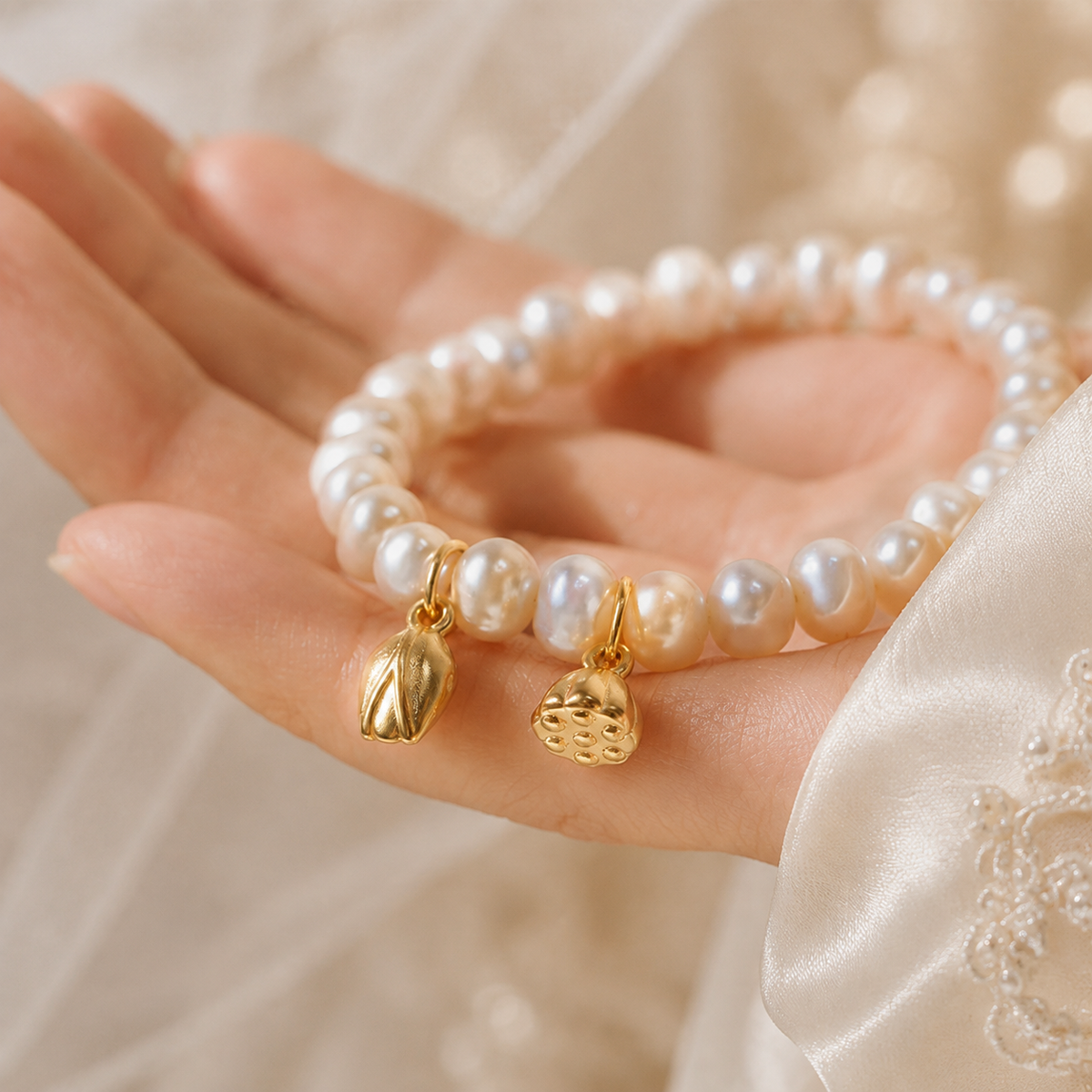 Double-strand white freshwater pearl bracelet with two gold-tone lotus charms displayed in hand