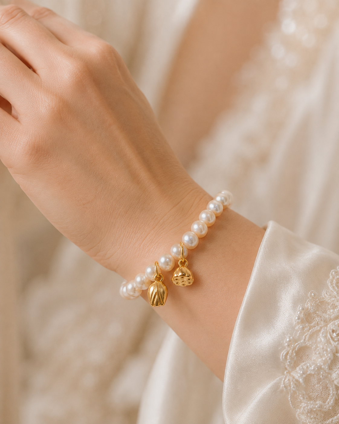 Close-up of a double-strand freshwater pearl bracelet with gold-tone lotus charms worn on the wrist
