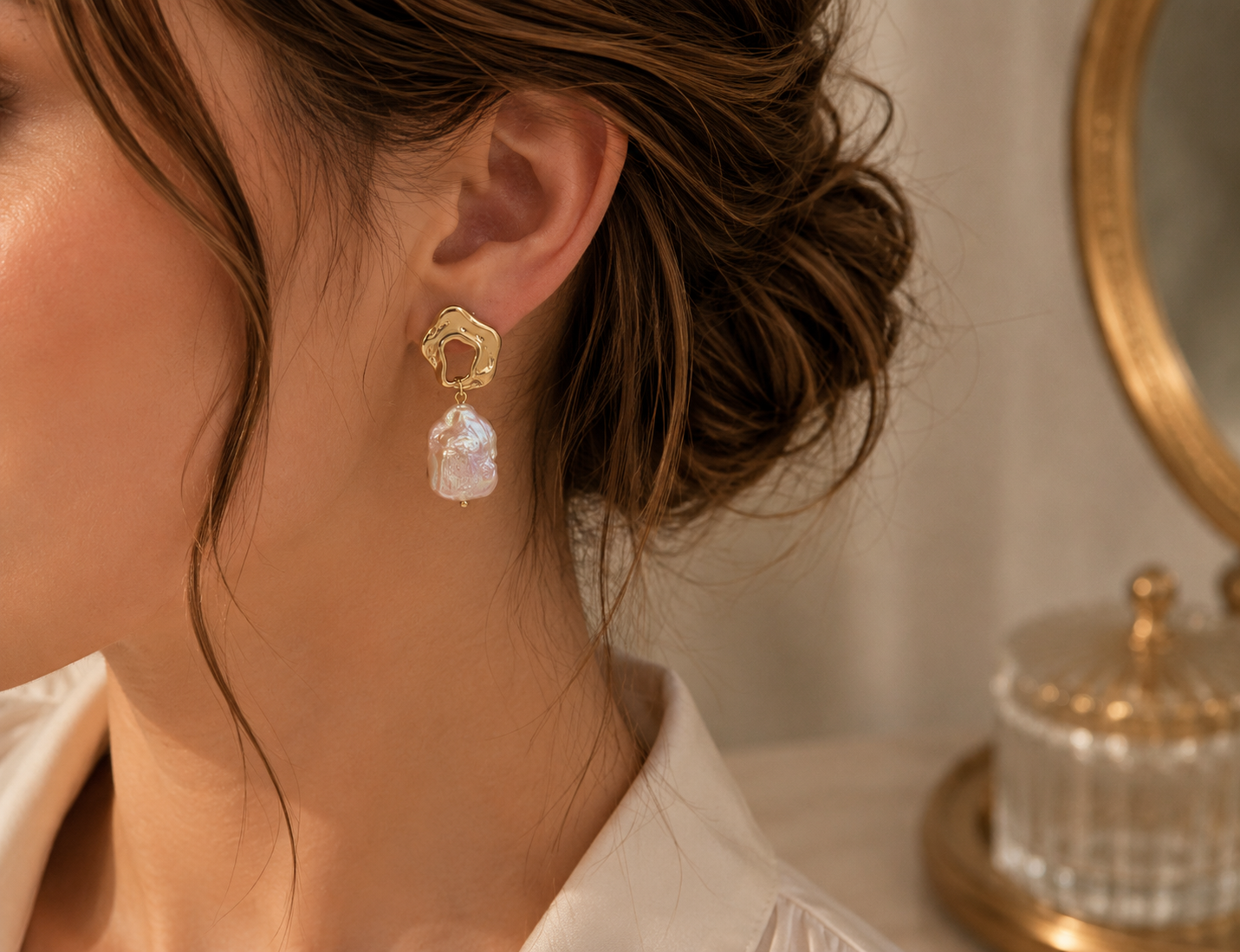Woman wearing freshwater baroque pearl statement drop earrings