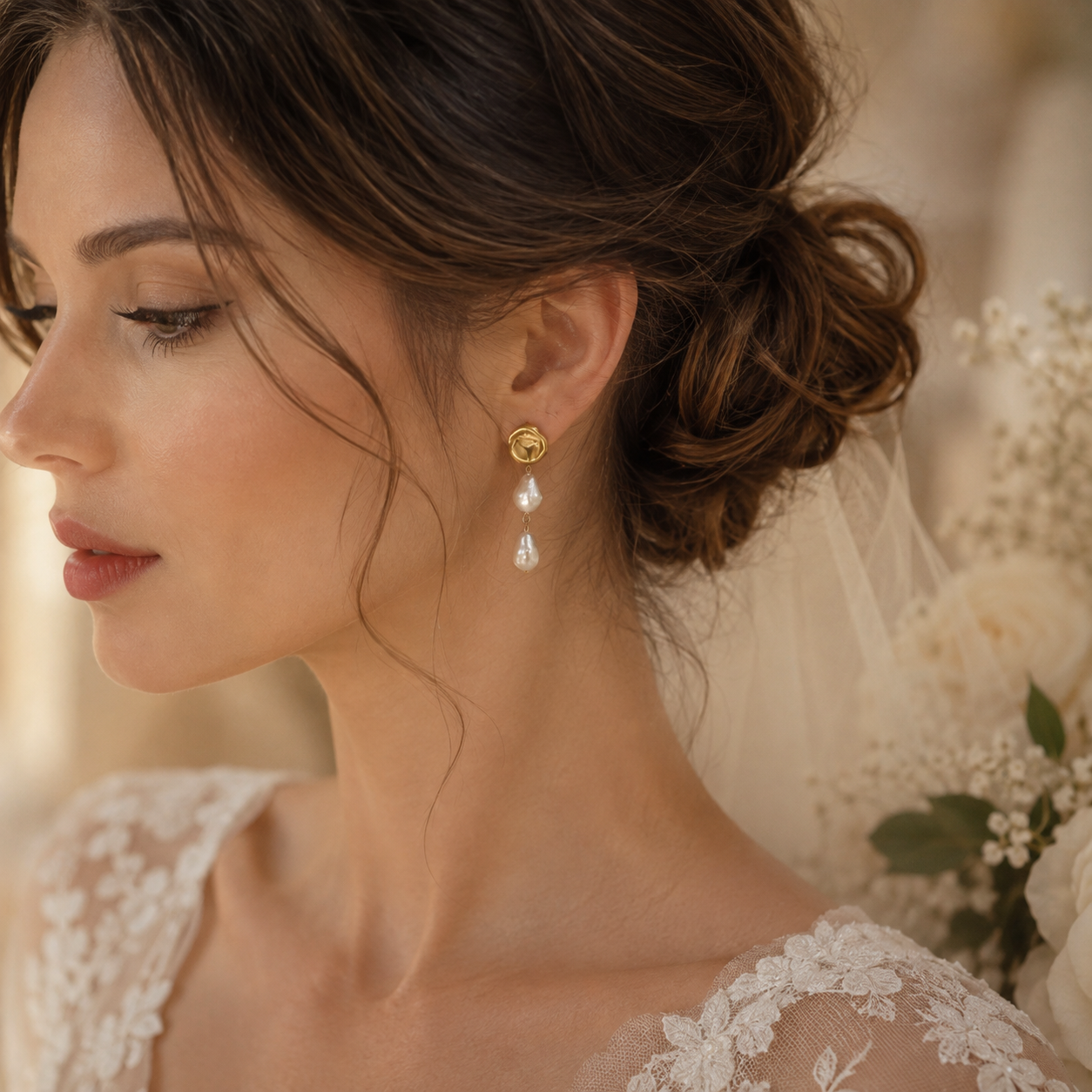 Bride wearing the double-pearl side of asymmetric freshwater pearl earrings