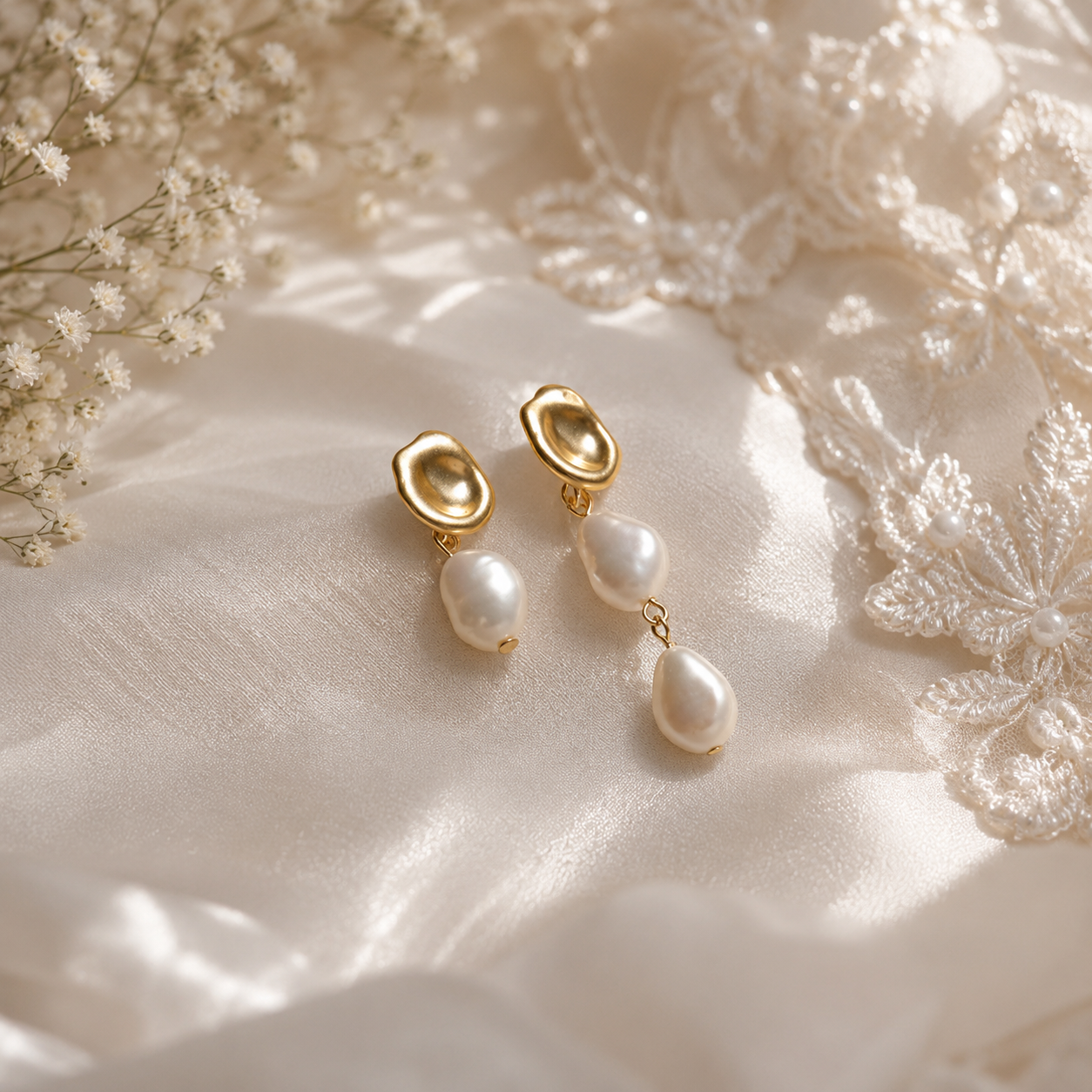Mismatched freshwater pearl drop earrings arranged on satin with bridal lace