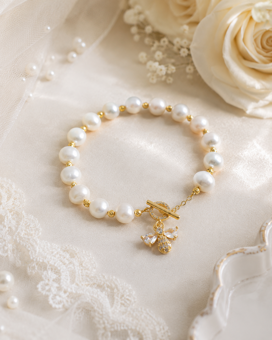 Close-up of a white freshwater pearl bracelet with a sparkling bee charm and toggle closure