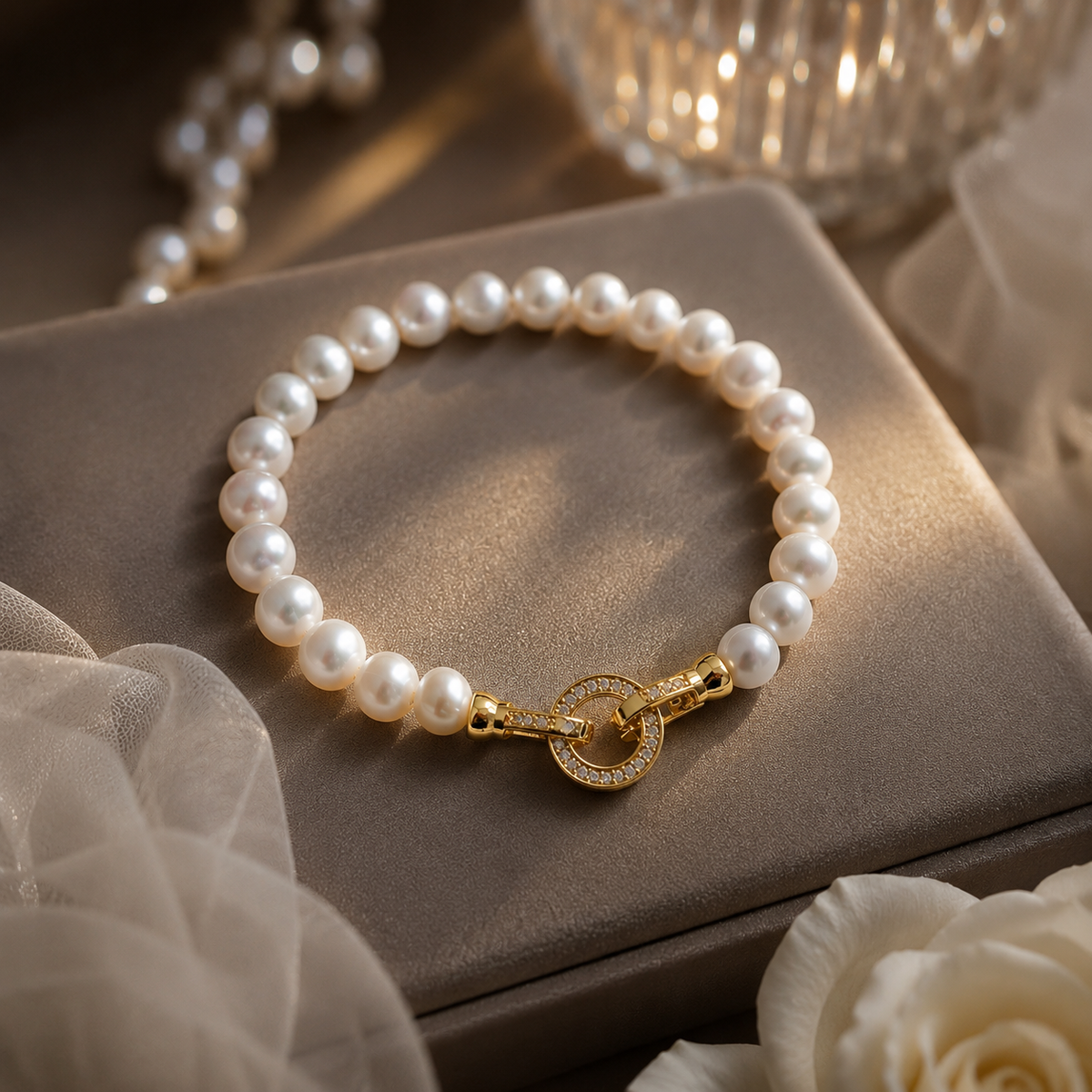 White freshwater pearl bracelet with a gold-tone circular toggle clasp and clear stone details