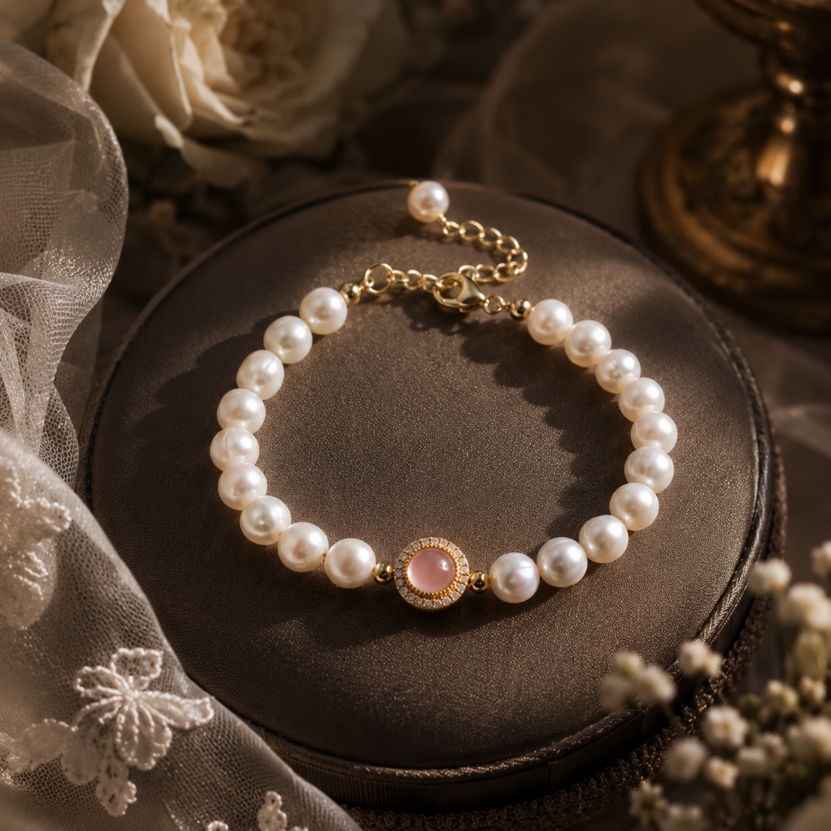 White freshwater pearl bracelet with a pink halo centerpiece and gold-tone extension chain