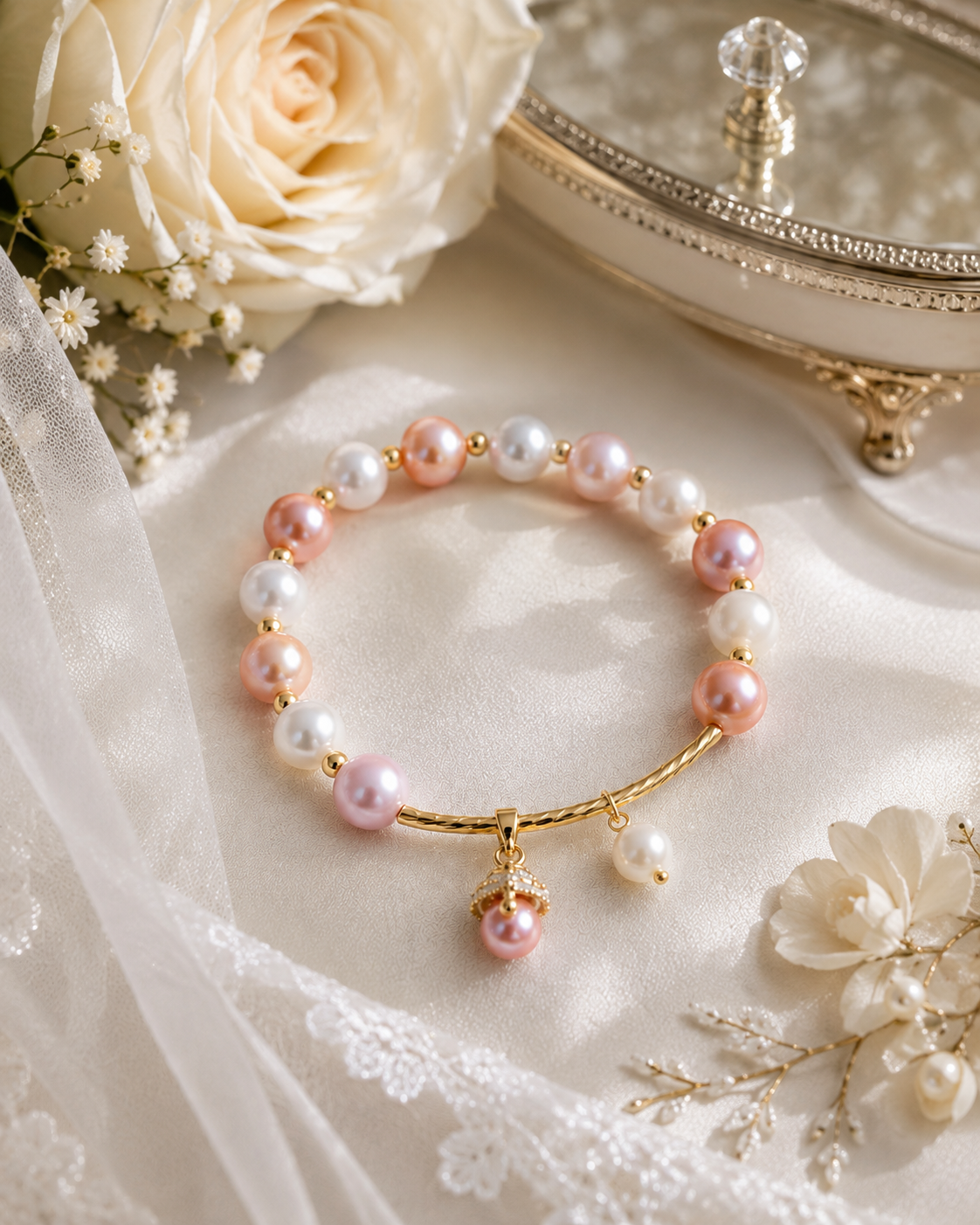 Pink and white pearl charm bracelet arranged with elegant bridal accessories